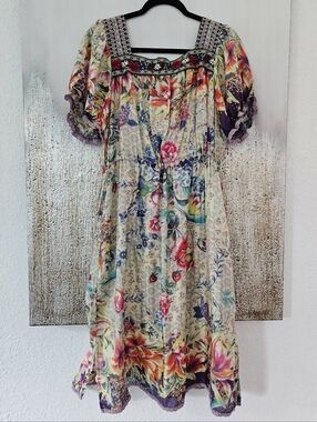 Johnny Was Floral Bohemian Puff-Sleeve Silk Dress